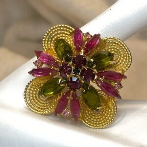 Vintage Juliana Open Back Navette Round Pink Green & Purple Rhinestone Brooch